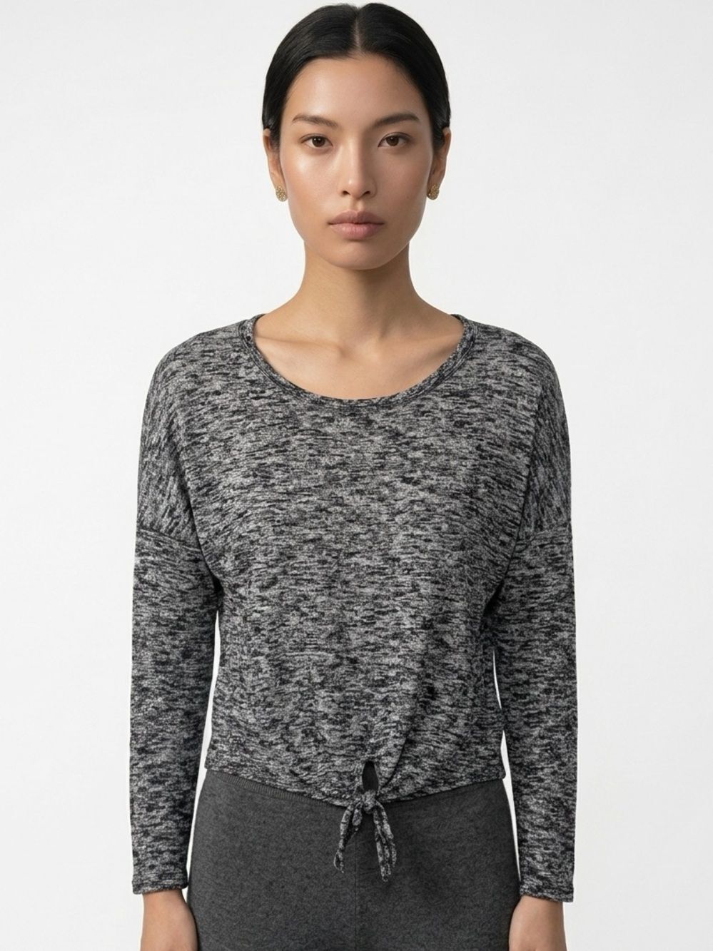 CAUTION TO THE WIND | Heathered Tie Front Long Sleeve Top Women’s Size Medium